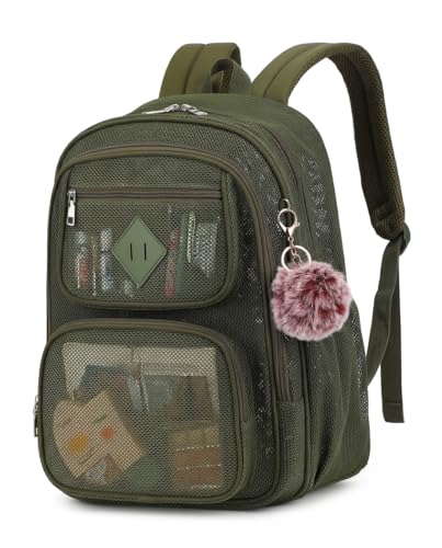 fufazfo Mesh Backpack, Heavy Duty Mesh Bookbag for Girls Boys Kids, Women See Through Transparent Net Back Pack for School Beach Swimming Work Travel - Army Green