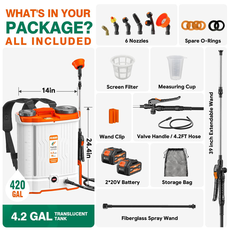 FUZOTO 4.2Gallon Battery Powered Backpack Sprayer, 45 - 90PSI Adjustable Pressure, 6 Hours Long Battery Life, Electric Backpack Garden Sprayer with 6 Spray Nozzles for Lawn, Garden, Yard