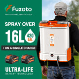 FUZOTO 4.2Gallon Battery Powered Backpack Sprayer, 45 - 90PSI Adjustable Pressure, 6 Hours Long Battery Life, Electric Backpack Garden Sprayer with 6 Spray Nozzles for Lawn, Garden, Yard