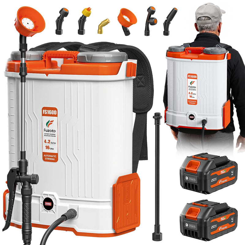 FUZOTO 4.2Gallon Battery Powered Backpack Sprayer, 45 - 90PSI Adjustable Pressure, 6 Hours Long Battery Life, Electric Backpack Garden Sprayer with 6 Spray Nozzles for Lawn, Garden, Yard