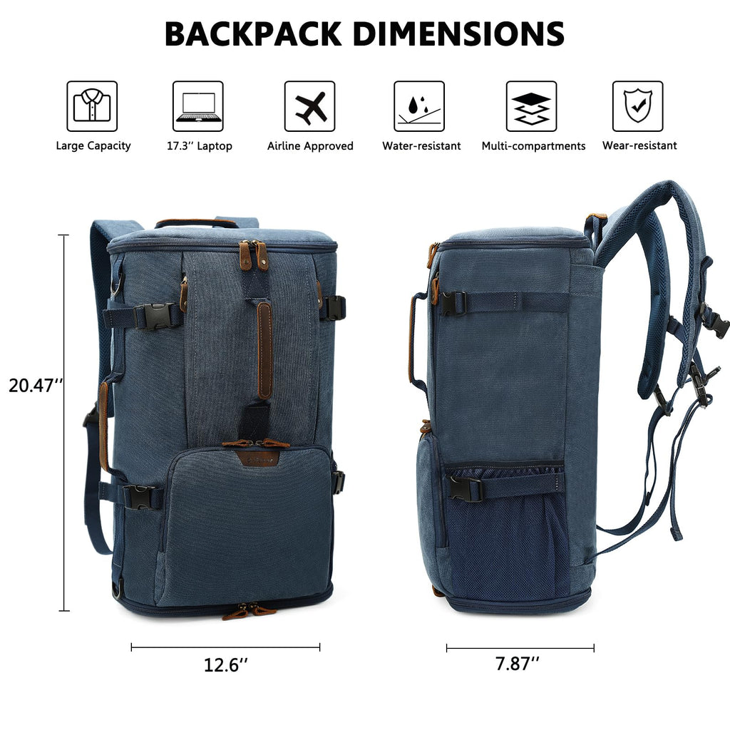 G - FAVOR 40L Travel Backpack, Vintage Canvas Rucksack Convertible Duffel Bag Carry On Backpack Fit for 17.3 Inch Laptop Bag, Blue
