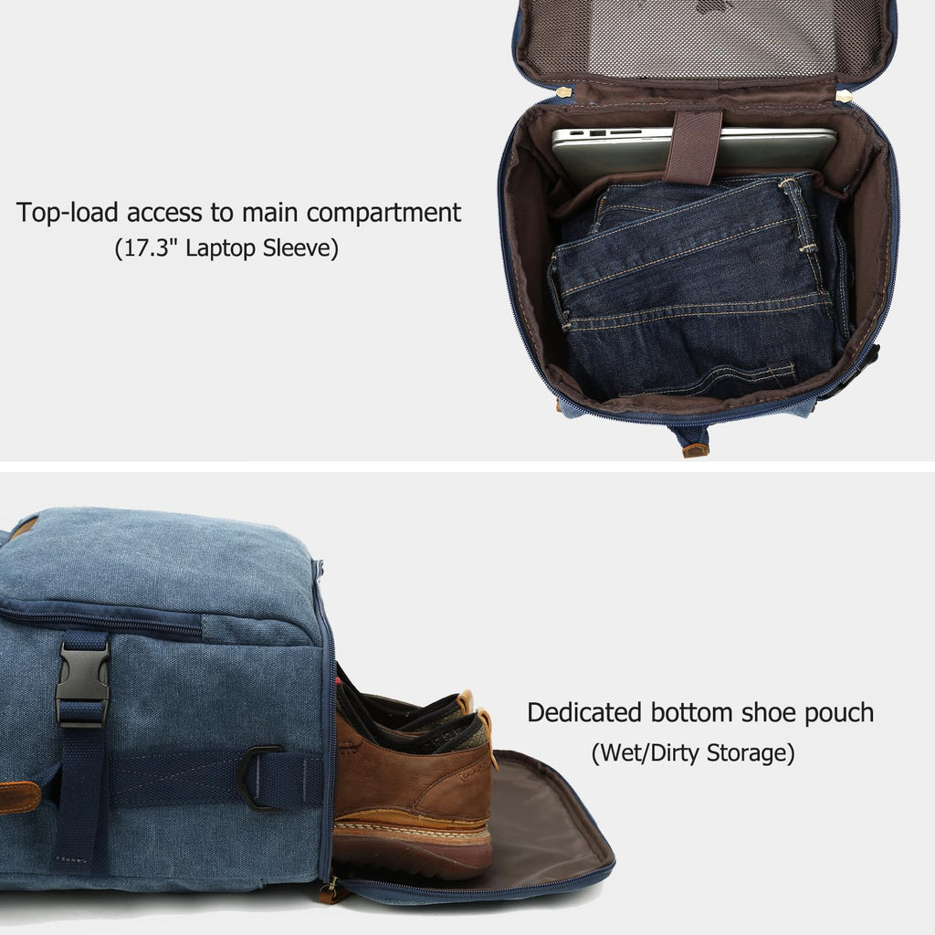 G - FAVOR 40L Travel Backpack, Vintage Canvas Rucksack Convertible Duffel Bag Carry On Backpack Fit for 17.3 Inch Laptop Bag, Blue