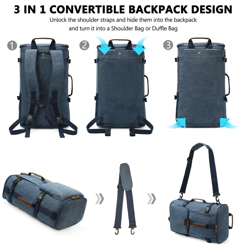 G - FAVOR 40L Travel Backpack, Vintage Canvas Rucksack Convertible Duffel Bag Carry On Backpack Fit for 17.3 Inch Laptop Bag, Blue