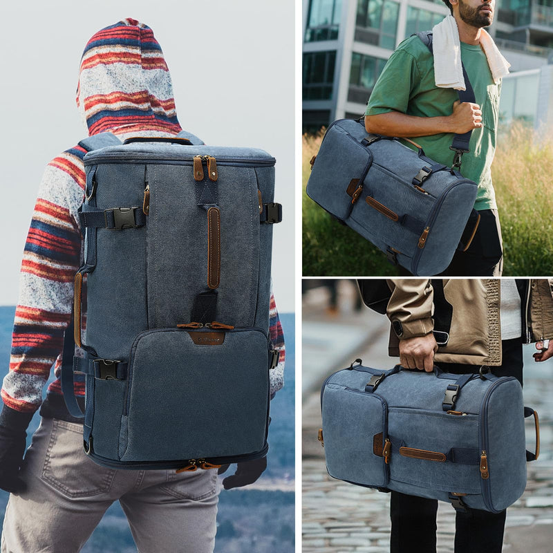 G - FAVOR 40L Travel Backpack, Vintage Canvas Rucksack Convertible Duffel Bag Carry On Backpack Fit for 17.3 Inch Laptop Bag, Blue