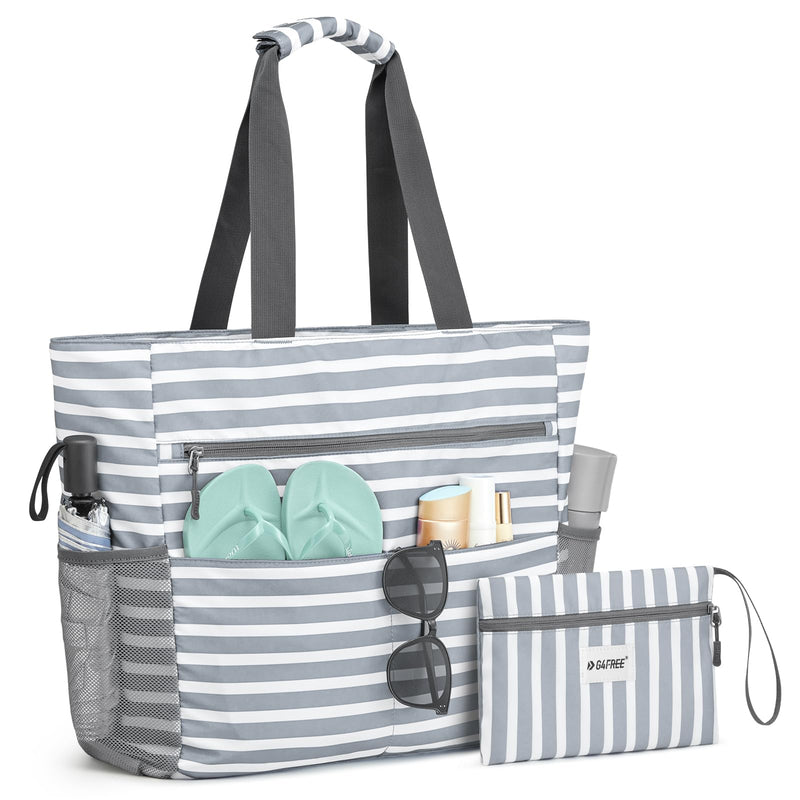 G4Free Beach Bag, Waterproof Sandproof Beach Tote Bag, Large Capacity Foldable for Women,Grey Stripe