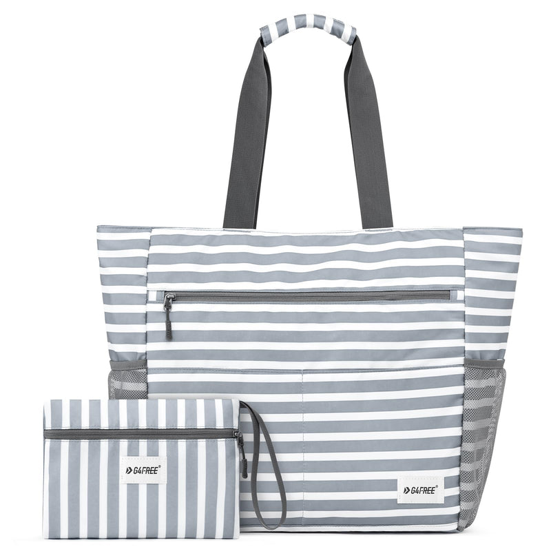 G4Free Beach Bag, Waterproof Sandproof Beach Tote Bag, Large Capacity Foldable for Women,Grey Stripe