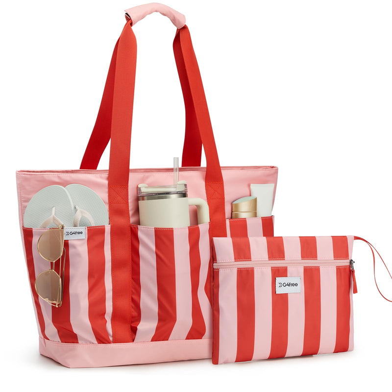 G4Free Beach Bag,Waterproof Beach Tote Pool Bags for Women,Large Capacity Foldablefor Weekender Travel - Red stripe
