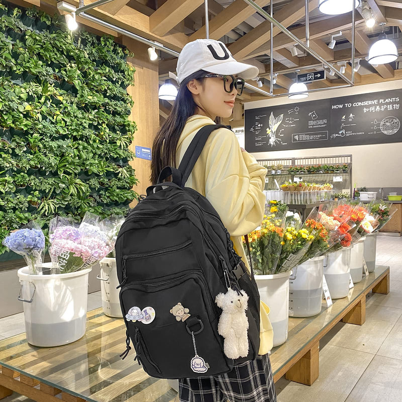 GAXOS Cute Aesthetic Backpack for School Middle Student Travel Pink Backpack Teens Girls Bear Pin Book Bags