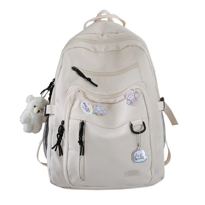 GAXOS Cute Aesthetic Backpack for School Middle Student Travel White Backpack Teens Girls Bear Pin Book Bags