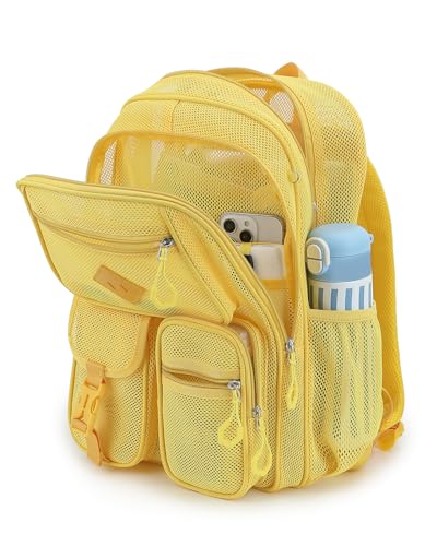 Gelektropy Mesh Backpack for Women Girls, Heavy Duty See Through College School Backpacks with Padded Shoulder Straps Large Capacity Bookbag for Beach Hiking Travel Swimming Outdoor Sports - Yellow