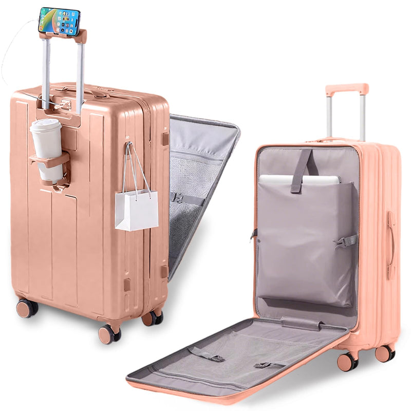Gets Carry on Luggage Airline Approved,20 Inch Abs+Pc Hardshell Spinner Luggage With Cup Phone Holder and USB Charger,Front Pocket Durable Suitcase for Women Men - Pink
