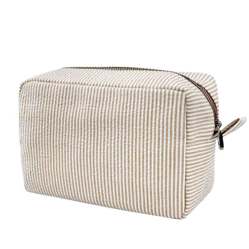 GFU Cosmetic Bags for Women, Seersucker Cosmetic Bag, Travel Toiletry Stripe Makeup Bag, Large Women Aesthetic Organizer Storage Pouch, Girls Handbags Purses, brown