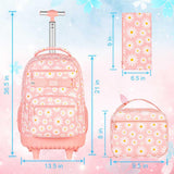 Girls Rolling Backpack, Women Roller Bookbag with Lunch Box for Adults, Water Resistant Wheeled School Bag for College Teens Kids Travel - Pink Flower