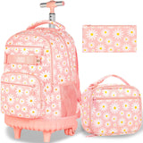 Girls Rolling Backpack, Women Roller Bookbag with Lunch Box for Adults, Water Resistant Wheeled School Bag for College Teens Kids Travel - Pink Flower