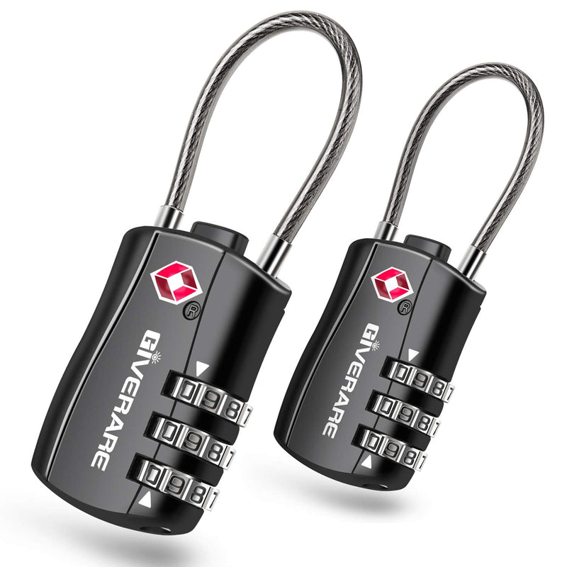 GIVERARE 2 PCS TSA Approved Luggage Locks, Combination Travel Cable Lock, Re - settable 3 - Digit Padlocks with Alloy Body, Keyless Travel Sentry Accepted Padlock for Gym Locker, Golf Bag Case - Black