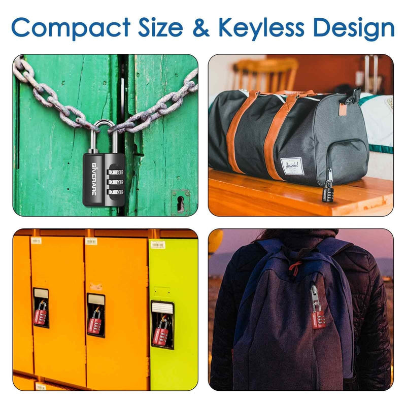 GIVERARE 4 Pack Combination Lock, 3 - Digit Padlock Keyless, Resettable Luggage Locks for Backpack, Gym & School & Employee Locker, Weatherproof Travel Lock for Fence, Backyard Gate, Hasp, Case - Black