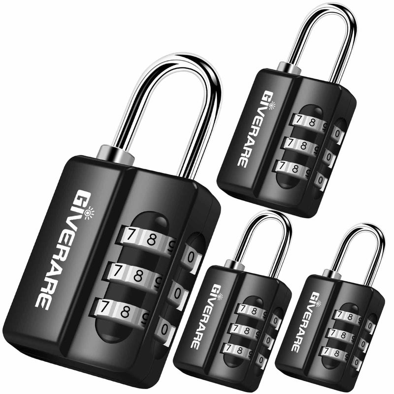 GIVERARE 4 Pack Combination Lock, 3 - Digit Padlock Keyless, Resettable Luggage Locks for Backpack, Gym & School & Employee Locker, Weatherproof Travel Lock for Fence, Backyard Gate, Hasp, Case - Black