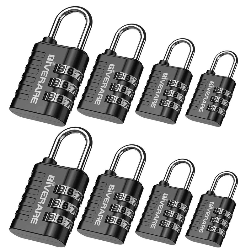 GIVERARE 8 Pack Combination Lock, 3 - Digit Padlock Keyless, Resettable Luggage Locks for Backpack, Gym & School & Employee Locker, Weatherproof Travel Lock for Fence, Backyard Gate, Hasp, Case - Black