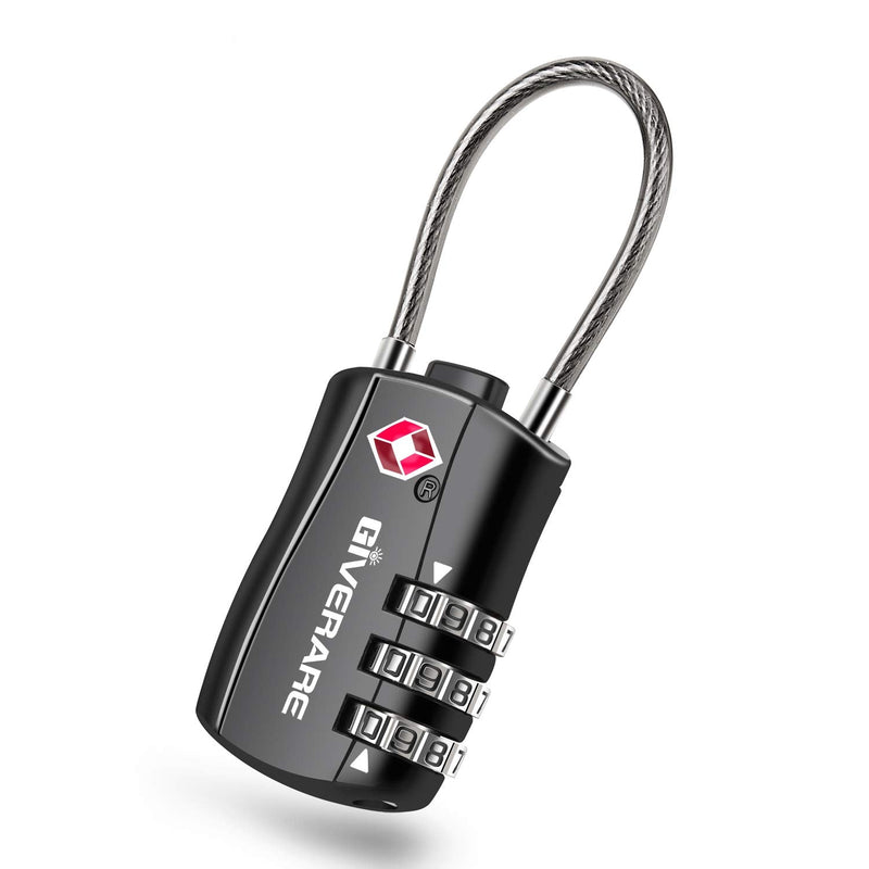 GIVERARE TSA Approved Luggage Locks, Combination Travel Cable Lock, Re - settable 3 - Digit Padlocks with Alloy Body, Keyless Travel Sentry Accepted Padlock for Gym Locker, Golf Bag Case, Backpack - Black