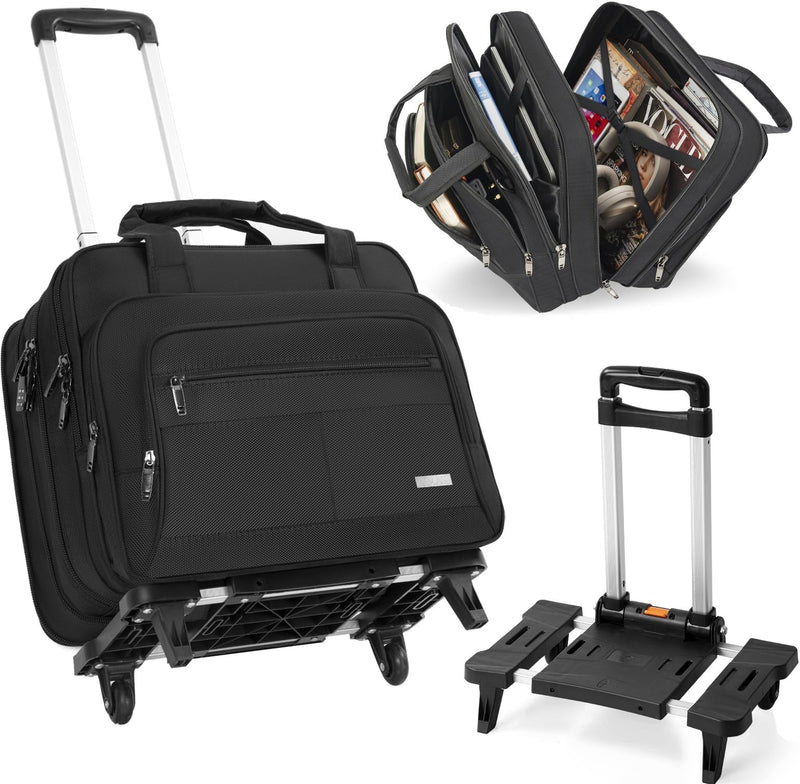 GMAK Rolling Laptop Bag for Women Men, Wheeled Briefcase with Removable Trolley, 17.3 Inch Laptop Bag Overnight Roller Case Computer Bags for Work/Business/Travel Carry On Bag with Wheels, Black
