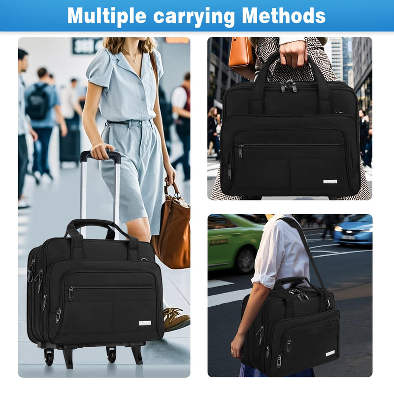 GMAK Rolling Laptop Bag for Women Men, Wheeled Briefcase with Removable Trolley, 17.3 Inch Laptop Bag Overnight Roller Case Computer Bags for Work/Business/Travel Carry On Bag with Wheels, Black