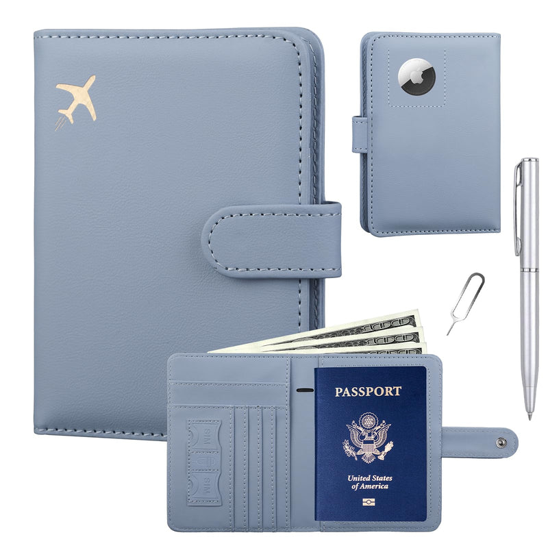 GOAUS Passport Holder for Travel with AirTag Slot Cards Cash Pocket, Faux Leather Travle Wallet Gifts for Women Men RFID Blocking Book Case Blue, AirTag Not Included