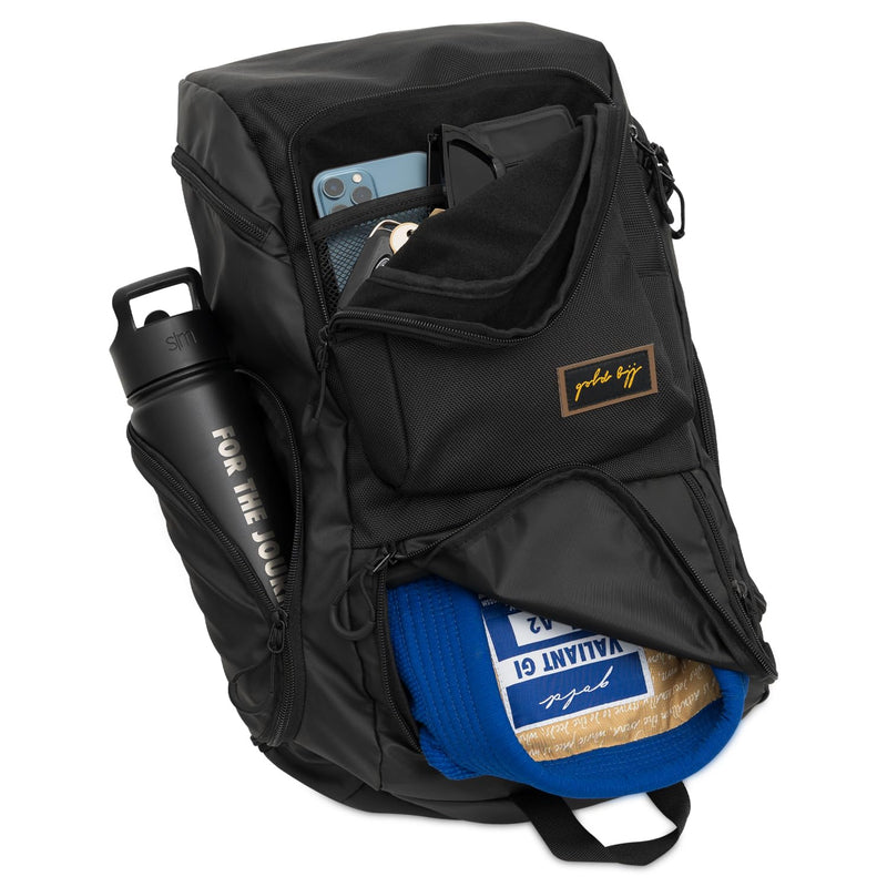 Gold BJJ Jiu Jitsu Backpack - Heavy Duty Gym Bag with Waterproof Gi Pocket (Black)