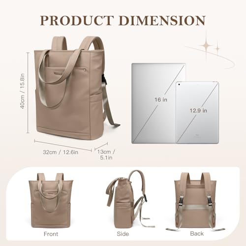 GOLF QUALITY Convertible Laptop Backpack for Women Men Carry on Tote Backpack Teacher Bookbag for College Work Nurse Travel Leisure,16 Inch,Champagne Brown