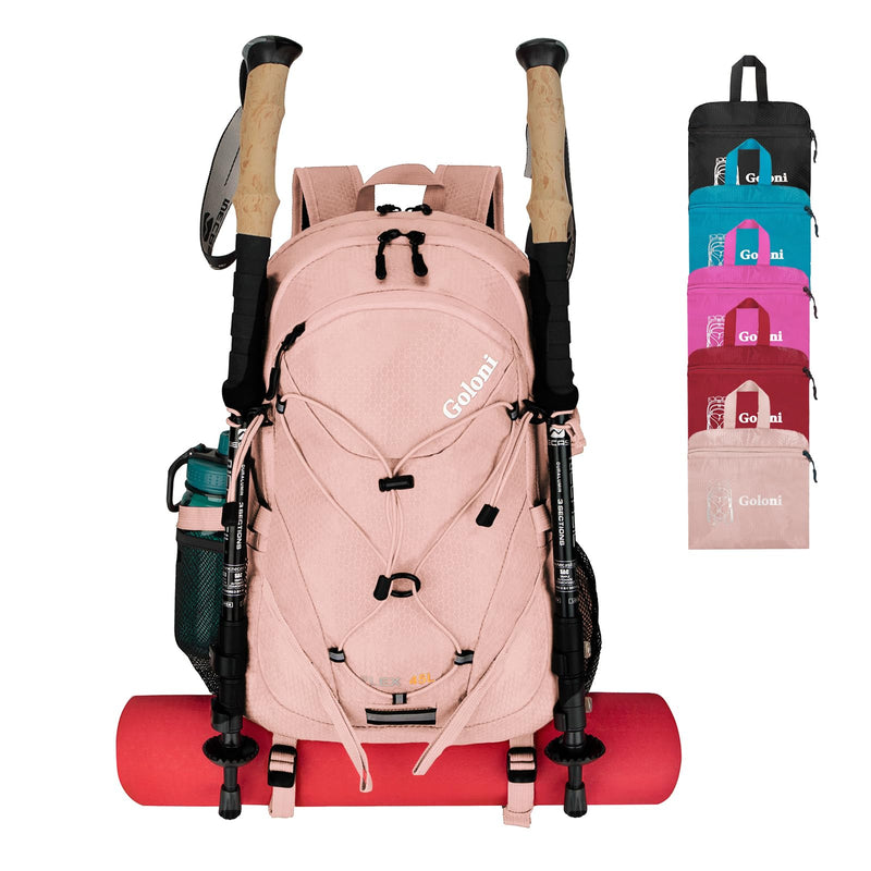 Goloni 45L Hiking Backpack Lightweight Foldable, Waterproof Camping Backpack with Rain Cover & Hiking Pole Mat Carrying System, Ergonomic Water Resistant Daypack for Trekking Travel Men Women Pink