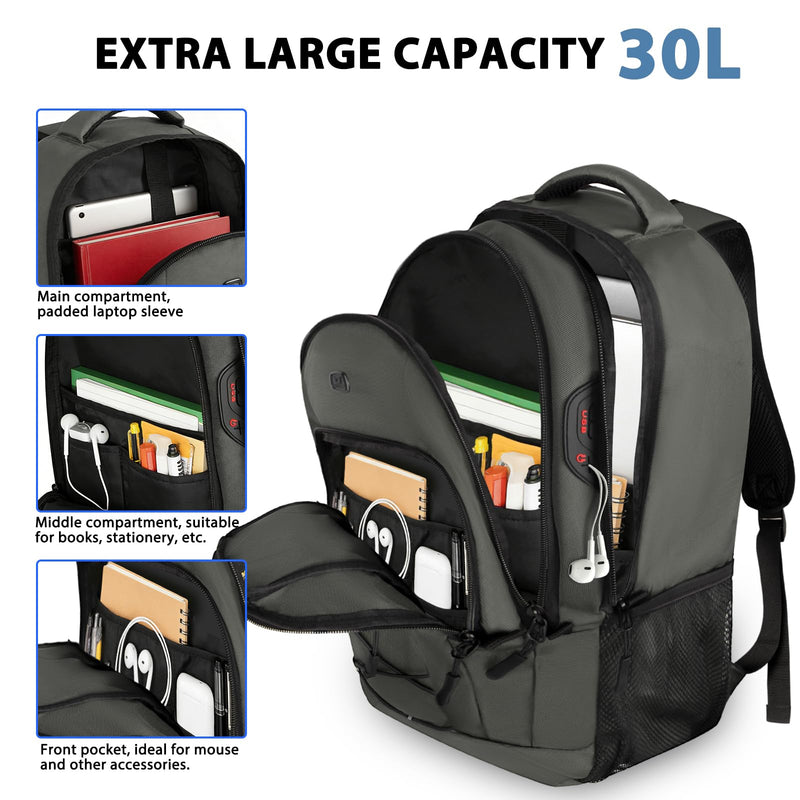 Goloni Laptop Backpack for Men Women, 17 Inch Travel Backpack with USB Charging Port, Water Resistant Lightweight Backpack with Compartments, 30L Casual Daypack,Grey