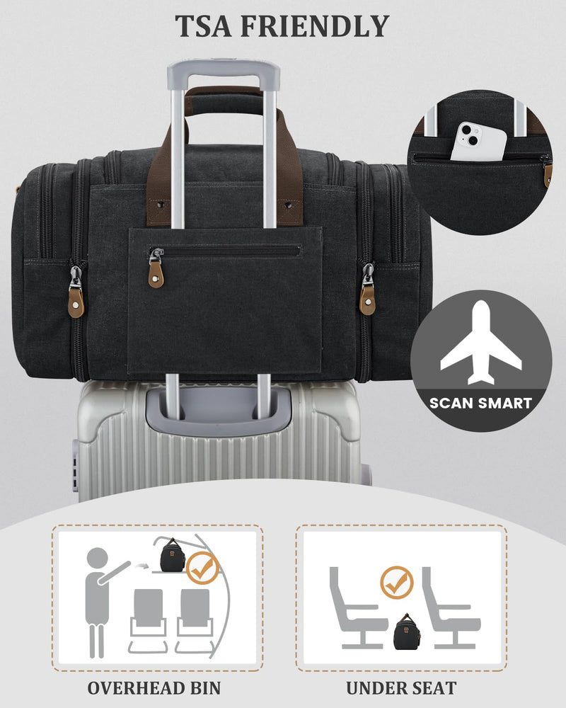 Gonex Canvas Duffle Bag for Travel, Expandable Water Resistant 60L Carry on Duffel Overnight Weekender Gym Bag with Wet Dry Separation Pocket & Suitcase Handle Sleeve, Dark Grey