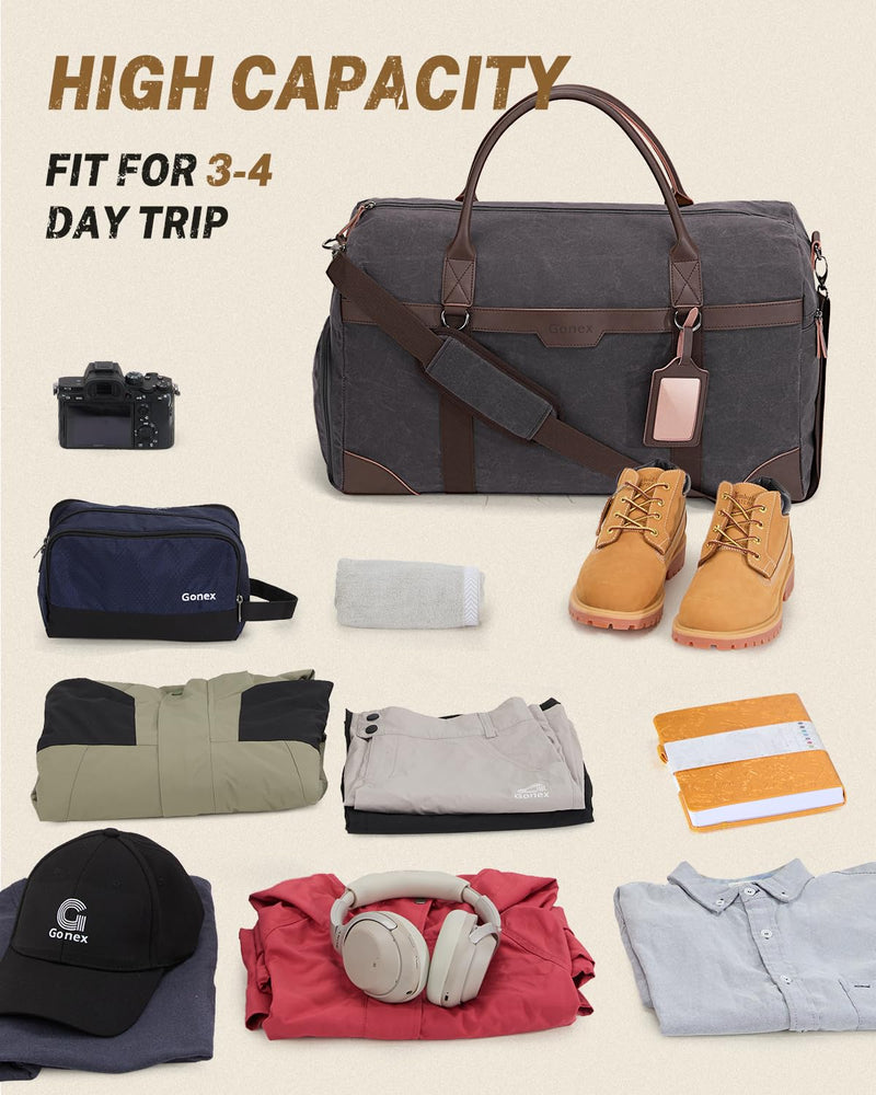 Gonex Waxed Canvas Duffle Bag for Travel, Water - resistant Vintage 55L Duffel Weekender with Shoes Compartment & Luggage Tag, Heavy - duty Overnight Bag with Suitcase Handle Sleeve for Men, Dark Grey