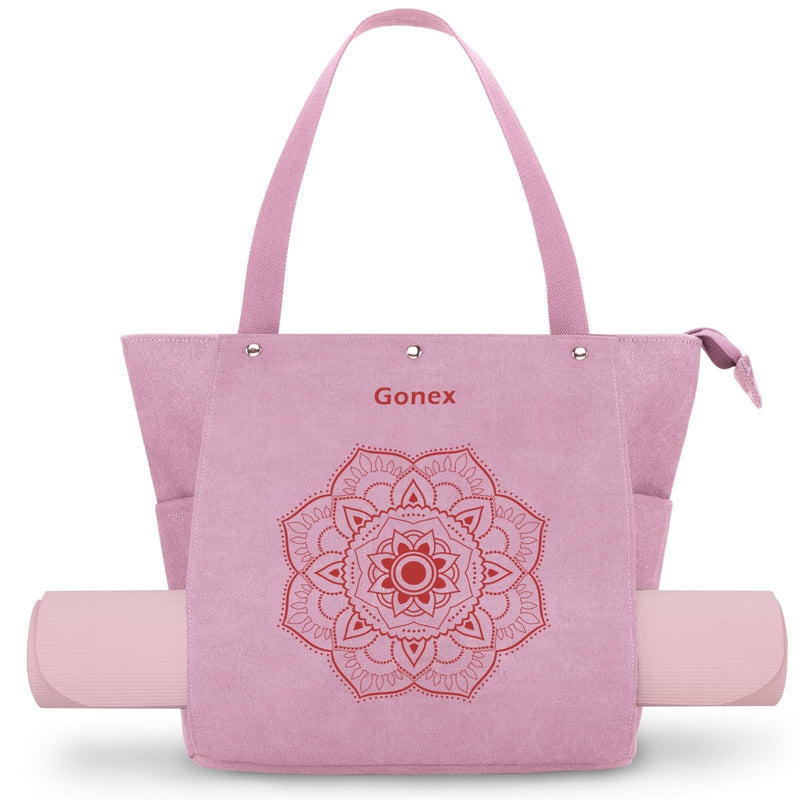 Gonex Yoga Mat Bag, Yoga Gym Bag Tote Bag with Multi Pockets For Women Men, Canvas Yoga Mat Carrier Take in Out Mat Easily For Pilates Travel Workout Office, Pink
