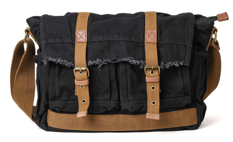 GOOTIUM Canvas Messenger Bag - Vintage Shoulder Bag Frayed Style Boho Purse, Black