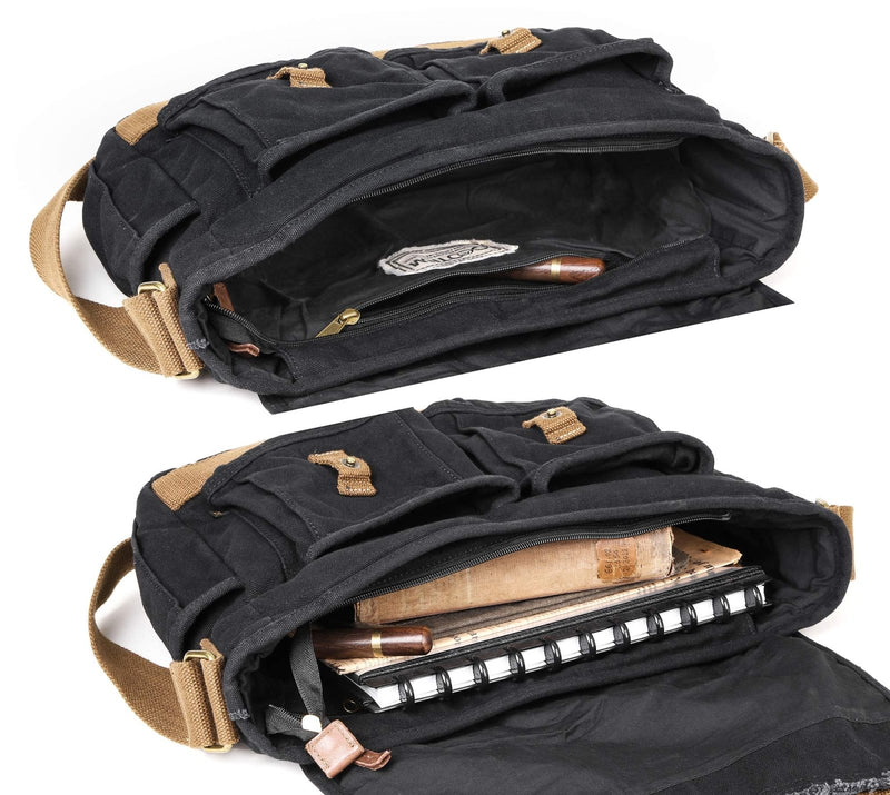 GOOTIUM Canvas Messenger Bag - Vintage Shoulder Bag Frayed Style Boho Purse, Black