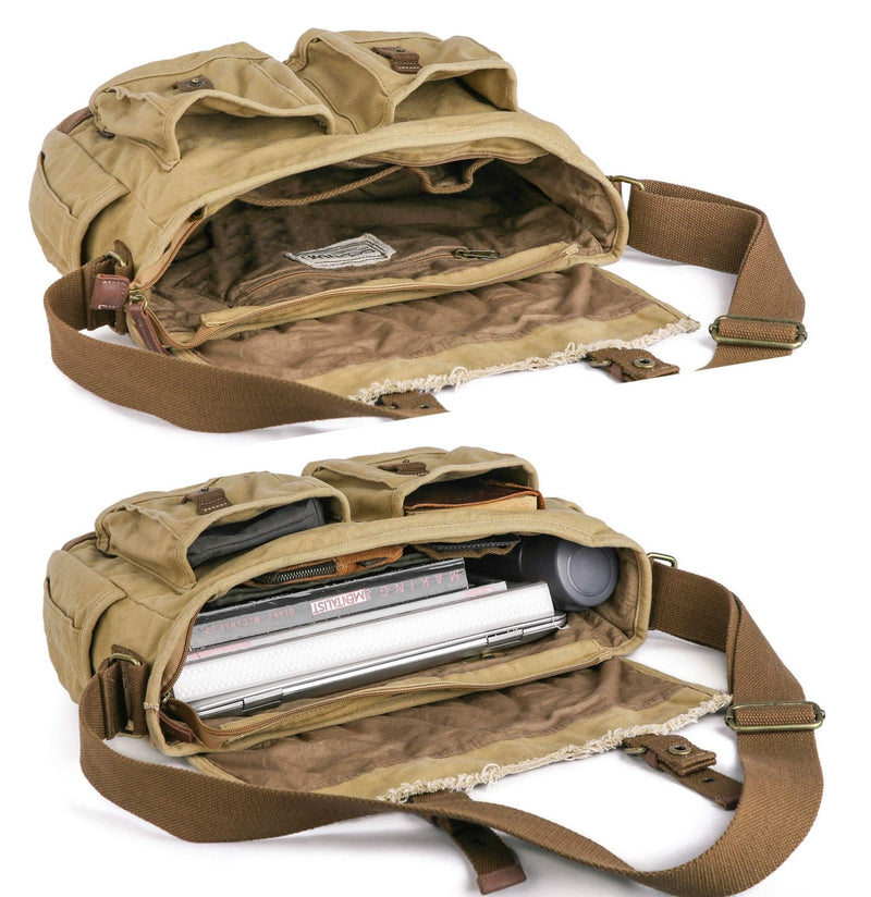 GOOTIUM Canvas Messenger Bag - Vintage Shoulder Bag Frayed Style Boho Purse, Khaki