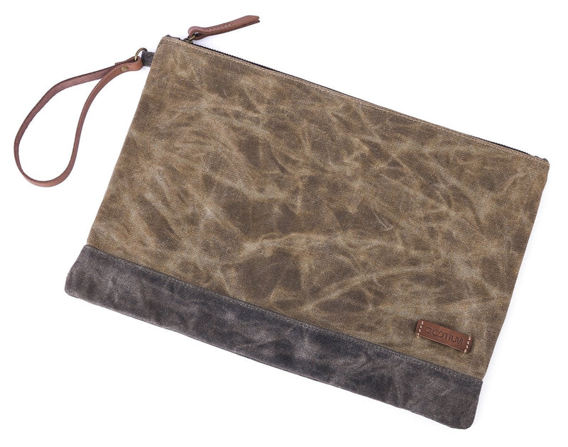 Gootium Waxed Canvas Zip Folio Pencil Pouch - Office Supply Zippered Makeup Bag Multipurpose File Folder - Size 13"x9.4", Tan Brown