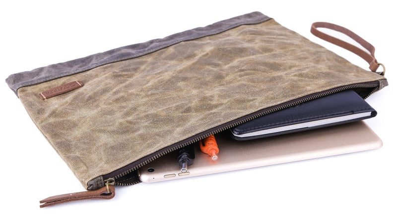 Gootium Waxed Canvas Zip Folio Pencil Pouch - Office Supply Zippered Makeup Bag Multipurpose File Folder - Size 13"x9.4", Tan Brown