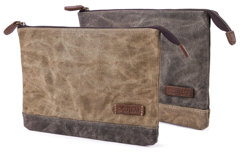 GOOTIUM Waxed Canvas Zip Pouch Set - Zippered Makeup Bag Office Supply Folio Pencil Bag Multipurpose Organizer Accessories Holder (2 PACK)