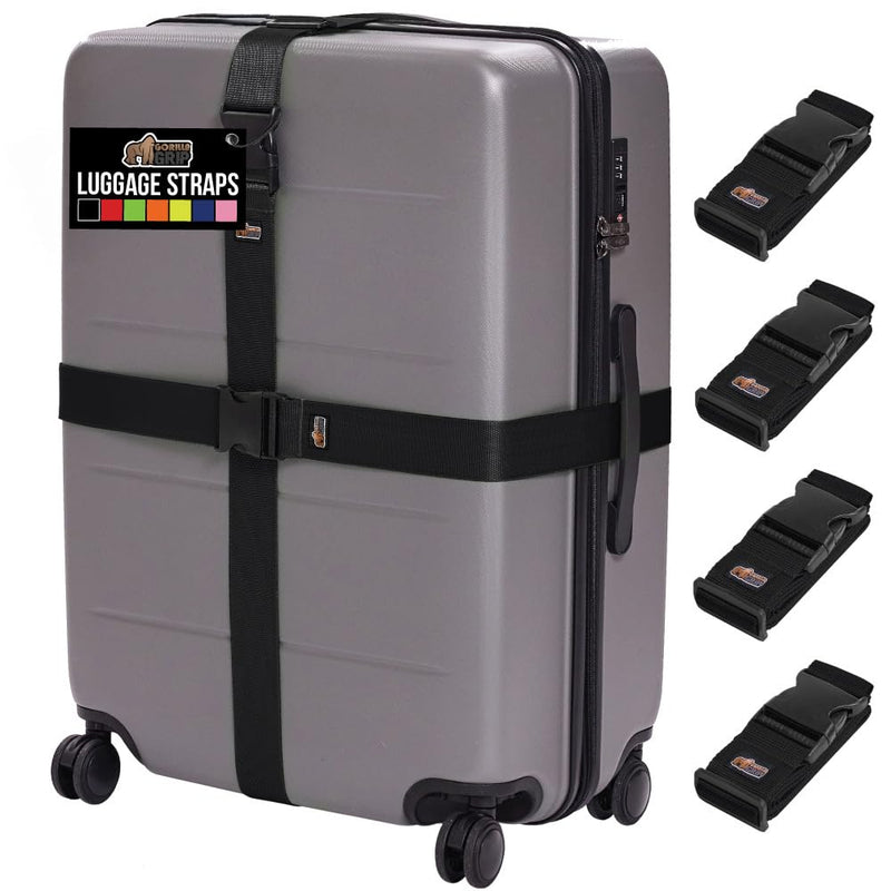 GORILLA GRIP Heavy Duty 4 Pack Adjustable Luggage Straps for Suitcases, Easy to Identify Travel Belt Connector Holds Suitcase Together, Extends Life of Bag, Strap Connects Two Bags, Accessories, Black