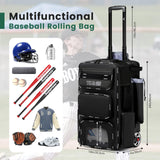 GOTECH Rolling Baseball Bag,Wheeled Softball Bag with Fence Hook for TBall Bat & Equipment,Lightweight Baseball Bat Bag with Shoe Compartment Black