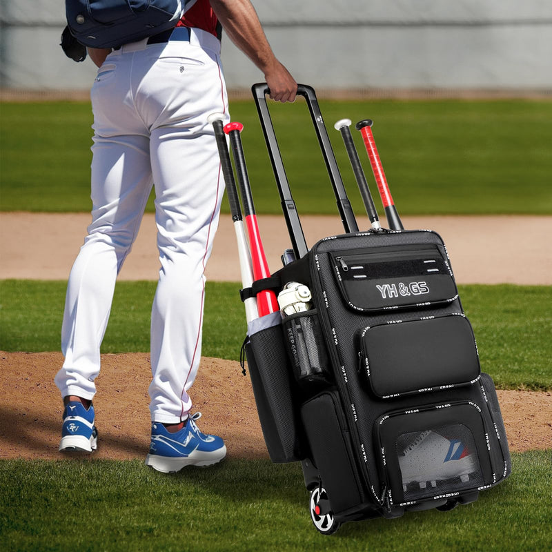 GOTECH Rolling Baseball Bag,Wheeled Softball Bag with Fence Hook for TBall Bat & Equipment,Lightweight Baseball Bat Bag with Shoe Compartment Black