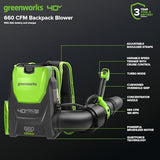 Greenworks 40V (660 CFM / 165 MPH) Brushless Backpack Leaf Blower, Commercial - Grade Power for Yards, Driveways, Patios, Includes 5.0Ah Battery & 5A Rapid Charger