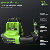Greenworks 40V (710 CFM / 175 MPH) Brushless Backpack Blower, Commercial Power for Wet Leaves, Heavy Debris, Gravel and Driveway Snow, Includes (2) 5.0Ah HP Batteries & 4A Dual Charger
