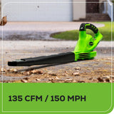 Greenworks 40V Leaf Blower/Sweeper, 150 MPH / 135 CFM, Lightweight, Quiet, with 2.0 Ah Battery and Charger, Perfect for Residential Lawn Care, Leaf Blowing Debris, Dust, Light Snow, and More