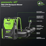 Greenworks 60V 550 CFM Brushless Backpack Blower, 5.0Ah Battery and 6A Charger