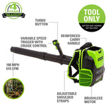 Greenworks 80V (180 MPH / 610 CFM / 75+ Compatible Tools) Cordless Brushless Backpack Blower, Tool Only