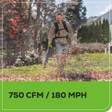 Greenworks 80V (750 CFM / 180 MPH) Brushless Backpack Leaf Blower, Variable Speed for Large Properties, Dislodge Gravel from driveways or Packed Snow from walkways, Includes 4.0Ah Battery and Charger