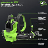 Greenworks 80V (750 CFM / 180 MPH) Brushless Backpack Leaf Blower, Variable Speed for Large Properties, Dislodge Gravel from driveways or Packed Snow from walkways, Includes 4.0Ah Battery and Charger