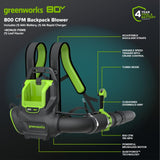 Greenworks 80V 800 CFM Cordless Backpack Blower with Leaf Tarp - 4.0Ah Battery & Rapid Charger, Cruise Control, Turbo Button, 4 - Year Warranty